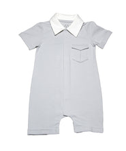 Color block light grey  body with short legs  onesie with  collar  in white, and a smart pocket on the chest, short sleeves with roll up detail and full snap button closure. Really smart clean and classic looking in soft organic cotton.