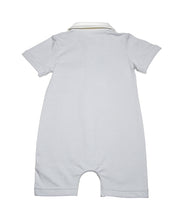 Back side view of Color block light grey  body with short legs  onesie with  collar  in white, and a smart pocket on the chest, short sleeves with roll up detail and full snap button closure. Really smart clean and classic looking in soft organic cotton.