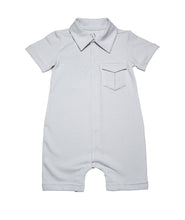  light grey  solid short legs  onesie with  collar and a smart pocket on the chest, short sleeves with roll up detail and full snap button closure. Really smart clean and classic looking in soft organic cotton.