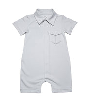 light grey  solid short legs  onesie with  collar and a smart pocket on the chest, short sleeves with roll up detail and full snap button closure. Really smart clean and classic looking in soft organic cotton.