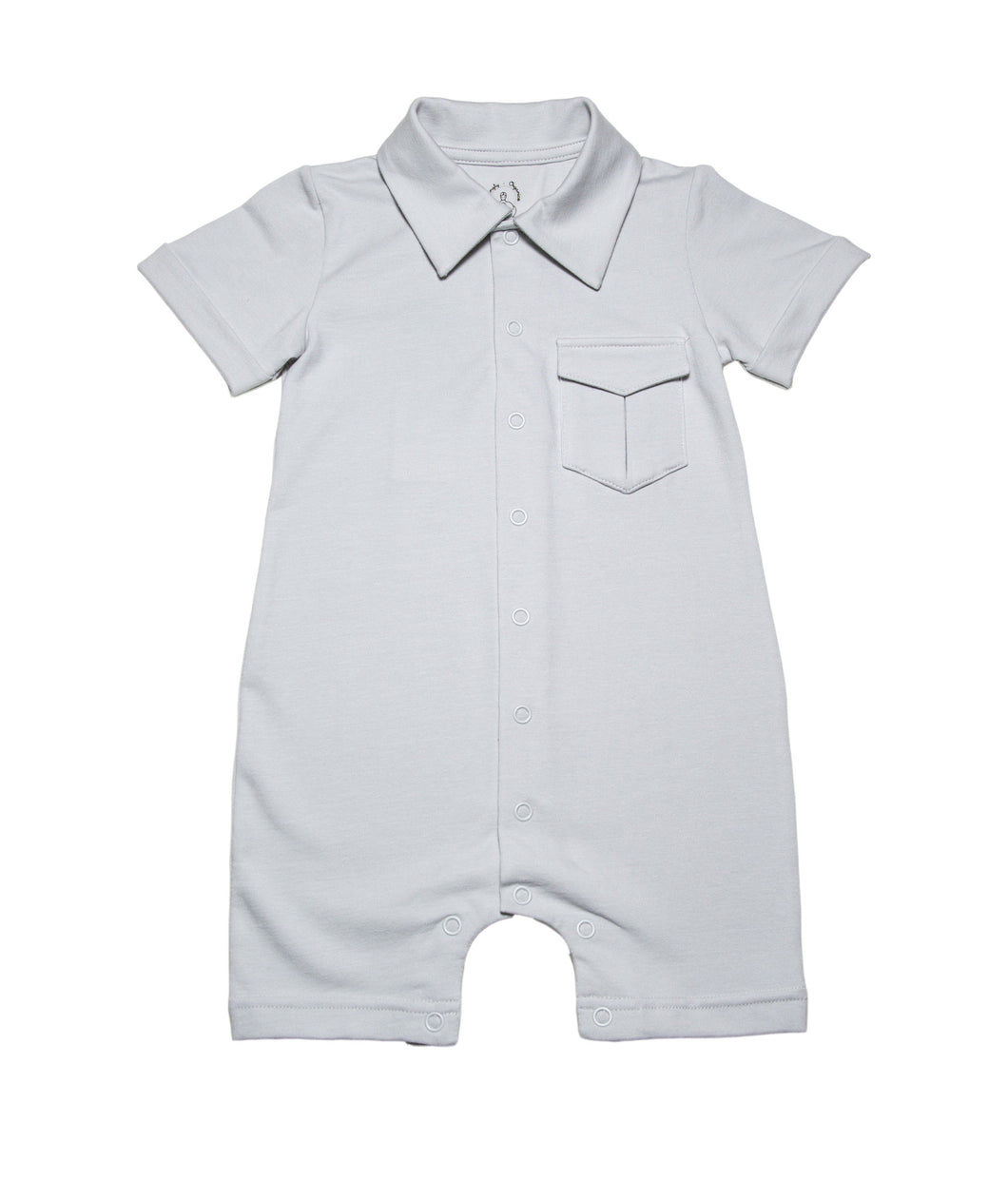 light grey  solid short legs  onesie with  collar and a smart pocket on the chest, short sleeves with roll up detail and full snap button closure. Really smart clean and classic looking in soft organic cotton.