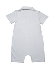 Back side view of  light grey  solid short legs  onesie with  collar and a smart pocket on the chest, short sleeves with roll up detail and full snap button closure. Really smart clean and classic looking in soft organic cotton.