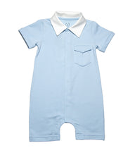 baby blue short onesie with contrasting white collar and a smart pocket on the chest, short sleeves with roll up detail and full snap button closure. Really smart clean and classic looking in soft organic cotton.