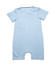 Back view of baby blue short onesie with contrasting white collar and a smart pocket on the chest, short sleeves with roll up detail and full snap button closure. Really smart clean and classic looking in soft organic cotton.. No pockets in the back