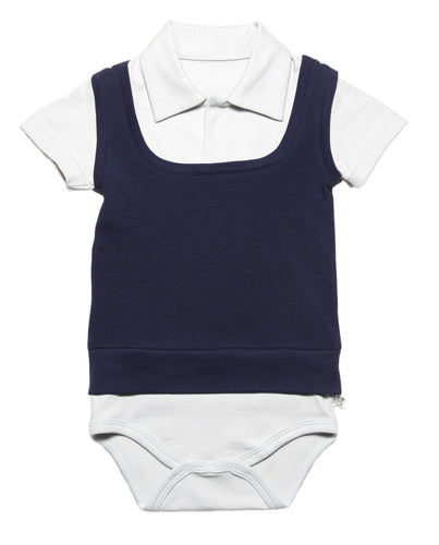 light grey onesie with collar and dark navy blue mock sweater vest for a two-in-one look. Easy to wear and very soft organic cotton. all you need to add are your pants.