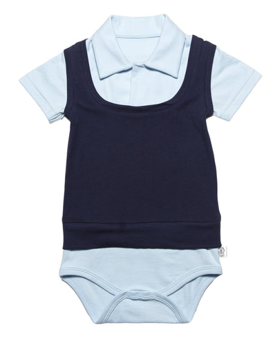 light blue onesie with collar and dark navy blue mock sweater vest for a two-in-one look. Easy to wear and very soft organic cotton. all you need to add are your pants.