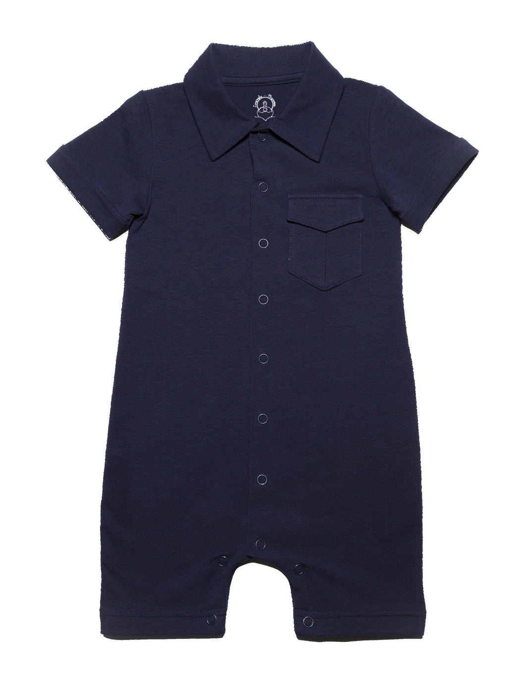 Navy blue dark  solid short leggs  onesie with  white collar and a smart pocket on the chest, short sleeves with roll up detail and full snap button closure. Really smart clean and classic looking in soft organic cotton.