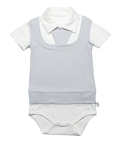 White short sleeve onesie with snap buttons between the legs, short sleeves and a smart collar.  Light grey mock sweater vest on top wth a snap tie at the neck shows a complete outfit that is waiting for your favorite bottoms. Soft organic cotton and a polished finished look. 