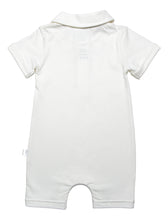Back side view of our Solid White 3 button polo shirt cut short leg onesie with smart short sleeves with a roll up detail. Sharp structured collar and total ease in our organic cotton super soft one piece baby onesie for toddlers. 