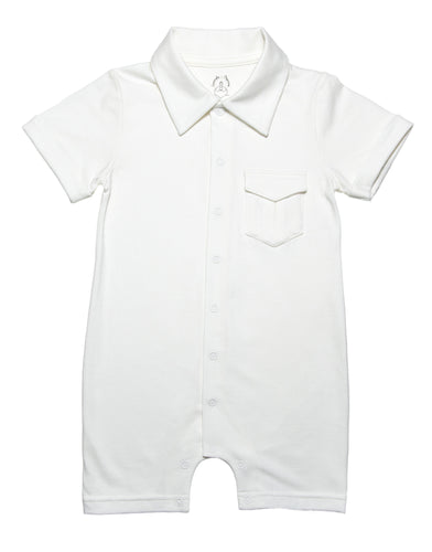 soft white solid short leggs  onesie with  white collar and a smart pocket on the chest, short sleeves with roll up detail and full snap button closure. Really smart clean and classic looking in soft organic cotton.