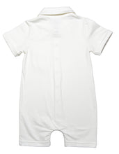 back view of soft white solid short leggs  onesie with  white collar and a smart pocket on the chest, short sleeves with roll up detail and full snap button closure. Really smart clean and classic looking in soft organic cotton.