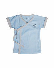 Baby Blue with light grey trimmed short sleeved kimono wrap t-shirt or top, with lovingly organic logo in small classic heat transfer style on upper front right chest.  Inside buttons put in to keep your baby wrapped snug with out flaps opening up.  Has a cute tie top left detail with a snap closure to ensure top stays secure.