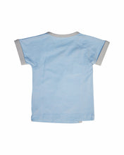 Back side view of Baby Blue with light grey trimmed short sleeved kimono wrap t-shirt or top.  