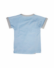Back side view of Baby Blue with light grey trimmed short sleeved kimono wrap t-shirt or top.