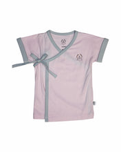 Baby pink with light grey trimmed short sleeved kimono wrap t-shirt or top, with lovingly organic logo in small classic heat transfer style on upper front right chest.  Inside buttons put in to keep your baby wrapped snug with out flaps opening up.  Has a cute tie top left detail with a snap closure to ensure top stays secure.