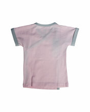 Back side view of Baby pink with light grey trimmed short sleeved kimono wrap t-shirt or top, with lovingly organic logo in small classic heat transfer style on upper front right chest.  Inside buttons put in to keep your baby wrapped snug with out flaps opening up.  Has a cute tie top left detail with a snap closure to ensure top stays secure.