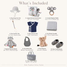 Baby Elephant Deluxe Basket with ten coordinated baby products and reusable grey Baby basket.