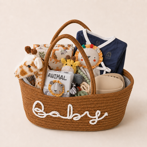 Hand-arranged navy Safari baby shower gift presented inside a reusable brown Baby basket