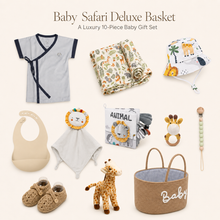 Baby Safari Deluxe gift basket with glacier-grey organic baby clothing gift and coordinated safari baby products.