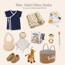 Baby Safari Deluxe luxury baby gift basket with navy organic-cotton Samurai Tee and ten safari-themed baby essentials.  baby-safari-deluxe-gift-basket-navy-hero