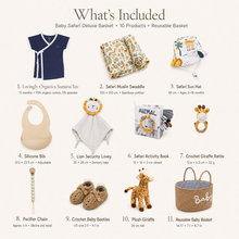 Ten products included in the navy Baby Safari gift basket for baby showers and new arrivals.