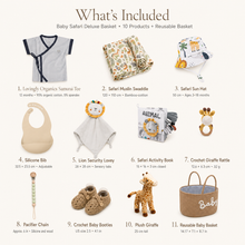 Ten products included in the grey gender-neutral baby gift basket from Lovingly Organics