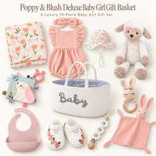 Poppy and Blush Deluxe luxury baby girl gift basket with ten floral-themed baby essentials and reusable white basket.