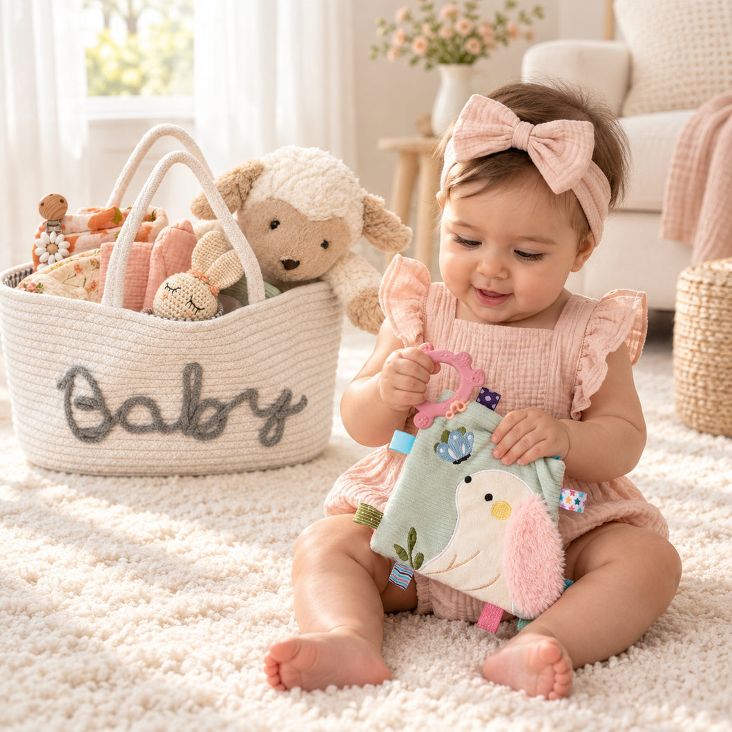 Six-month-old baby exploring a sensory cloth beside a deluxe baby girl gift basket with plush lamb.