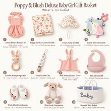 Ten products included in the Poppy and Blush baby girl gift basket from Lovingly Organics.