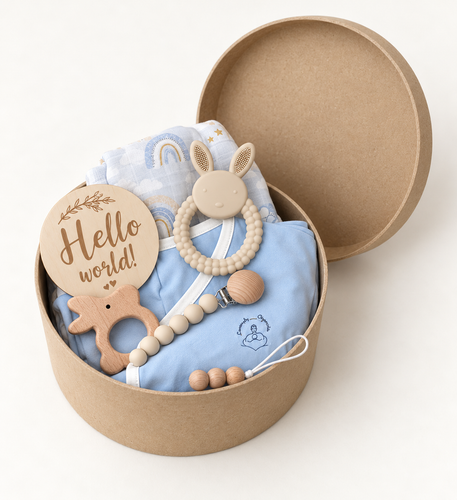 Open round kraft baby gift box with blue Samurai Tee, bamboo-cotton rainbow swaddle, beige teethers and Hello World milestone disc.