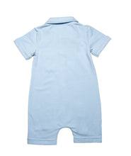 back side view of  light blue  solid short legs  onesie with  collar and a smart pocket on the chest, short sleeves with roll up detail and full snap button closure. Really smart clean and classic looking in soft organic cotton.