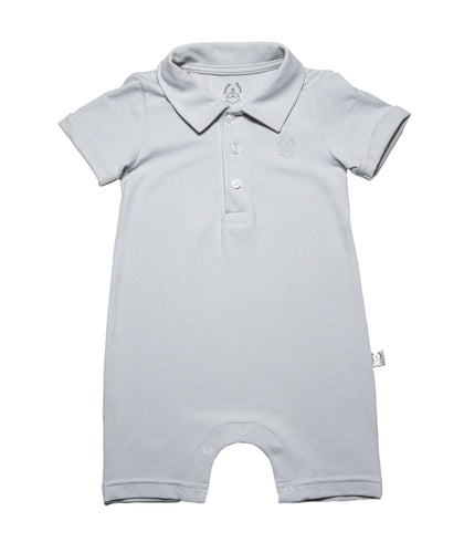 Solid Light grey  3 button polo shirt cut short leg onesie with smart short sleeves with a roll up detail. Sharp structured collar and total ease in our organic cotton super soft one piece baby onesie for toddlers. Our lovingly organics logo is embroidered in tonal color for a descrete logo on right side upper chest area.