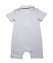 Back side view of our Solid Light Grey  3 button polo shirt cut short leg onesie with smart short sleeves with a roll up detail. Sharp structured collar and total ease in our organic cotton super soft one piece baby onesie for toddlers. 