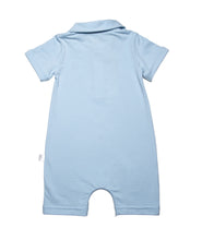 back side view of our Solid baby blue 3 button polo shirt cut short leg onesie with smart short sleeves with a roll up detail. Sharp structured collar and total ease in our organic cotton super soft one piece baby onesie for toddlers. 