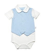 White base baby onesie with sweet peter pan collar and a functinal snap front vest in baby blue, on short sleeves with a roll up detail. In soft organic cotton , perfect toddler top for your favorite bottoms.