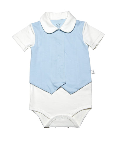 White base baby onesie with sweet peter pan collar and a functinal snap front vest in baby blue, on short sleeves with a roll up detail. In soft organic cotton , perfect toddler top for your favorite bottoms.