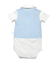 Back side view of White base baby onesie with sweet peter pan collar and a functinal snap front vest in baby blue, on short sleeves with a roll up detail. In soft organic cotton , perfect toddler top for your favorite bottoms.