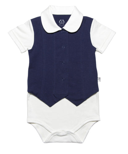 White base baby onesie with sweet peter pan collar and a functinal snap front vest in Navy blue, on short sleeves with a roll up detail. In soft organic cotton , perfect toddler top for your favorite bottoms.