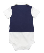 Back side view of White base baby onesie with sweet peter pan collar and a functinal snap front vest in Navy blue, on short sleeves with a roll up detail. In soft organic cotton , perfect toddler top for your favorite bottoms.