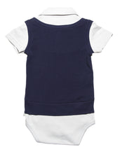 Back side view of light grey onesie with collar and dark navy blue mock sweater vest for a two-in-one look. Easy to wear and very soft organic cotton. all you need to add are your pants.