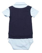 Back side view of light blue onesie with collar and dark navy blue mock sweater vest for a two-in-one look. Easy to wear and very soft organic cotton. all you need to add are your pants.