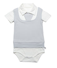 White short sleeve onesie with snap buttons between the legs, short sleeves and a smart collar.  Light grey mock sweater vest on top wth a snap tie at the neck shows a complete outfit that is waiting for your favorite bottoms. Soft organic cotton and a polished finished look. 