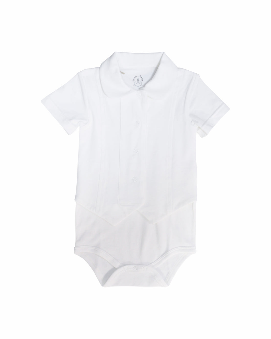 Solid White onesie with sweet peter pan collar and a functinal snap front vest on short sleeves with a roll up detail. In soft organic cotton , perfect toddler top for your favorite bottoms.