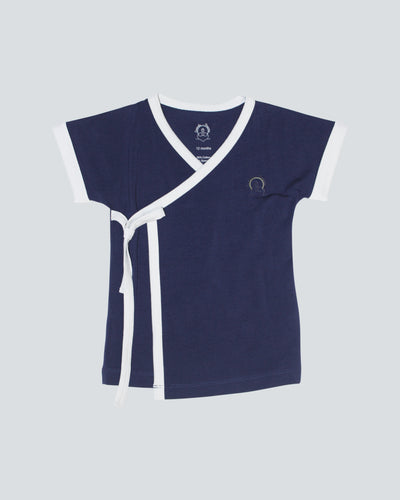 Navy Blue with soft white trimmed short sleeved kimono wrap t-shirt or top, with lovingly organic logo in small classic heat transfer style on upper front right chest.  Inside buttons put in to keep your baby wrapped snug with out flaps opening up.  Has a cute tie top left detail with a snap closure to ensure top stays secure.