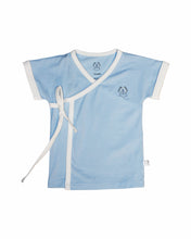 Baby blue with white trimmed short sleeved kimono wrap t-shirt or top, with lovingly organic logo in small classic heat transfer style on upper front right chest.  Inside buttons put in to keep your baby wrapped snug with out flaps opening up.  Has a cute tie top left detail with a snap closure to ensure top stays secure.