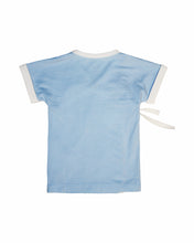 Baby blue with white trimmed short sleeved kimono wrap t-shirt or top. perfect baby gift and perfect for home quarantine and after bath time easy dressing.  Organic Cotton and snug soft